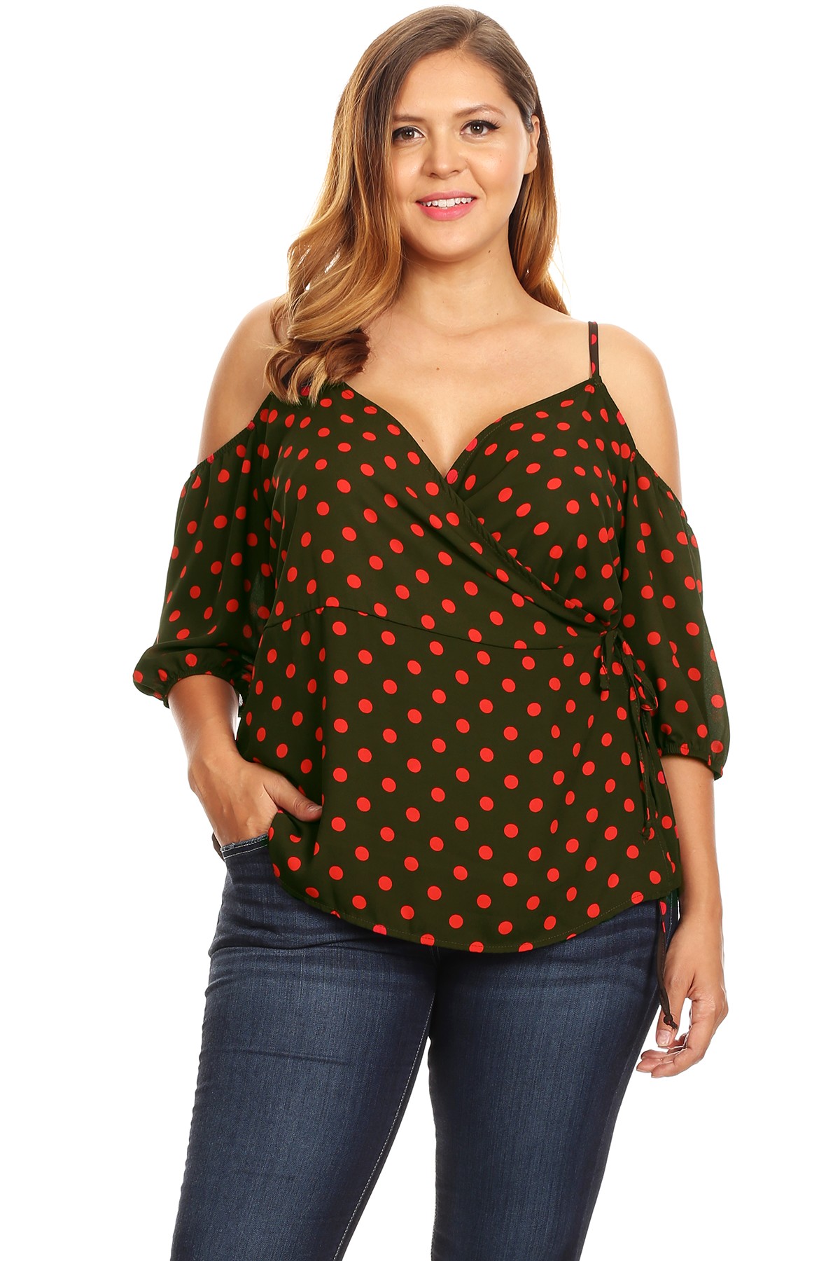 red polka dot wrap top