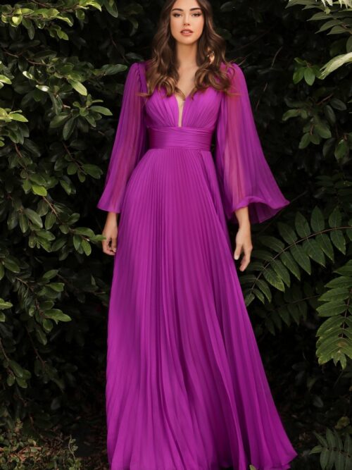 PLEATED CHIFFON LONG SLEEVE GOWN