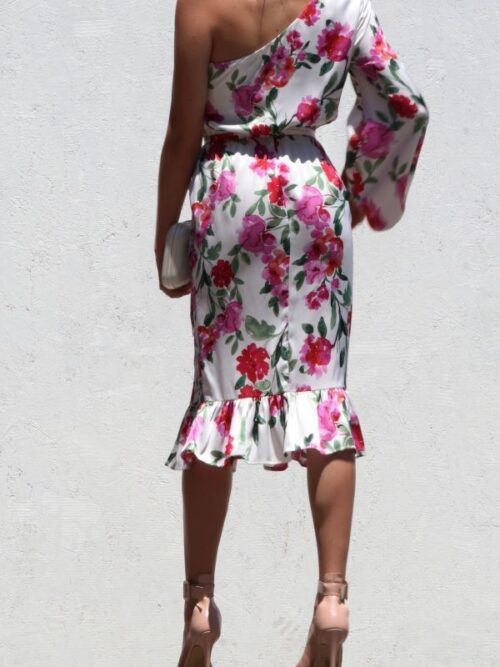 PRINTED ONE SHOULDER MIDI DRESS