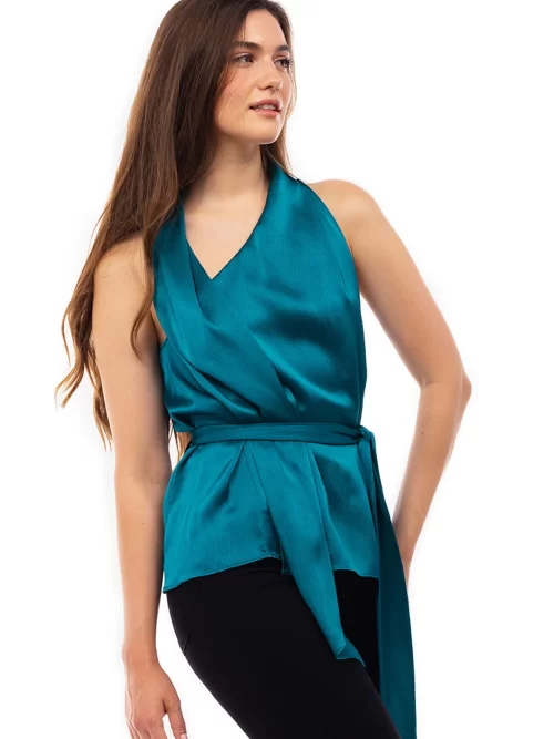 TEAL NECK WRAP TOP