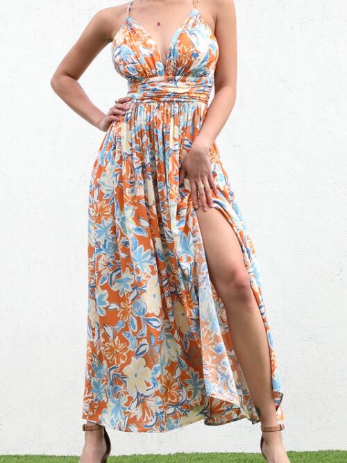 PRINTED V NECK WOVEN DRESS