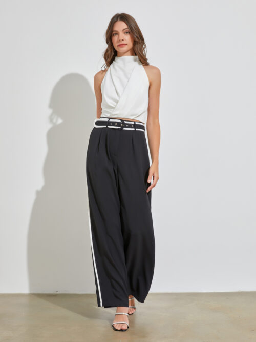 WHITE TRIM BLACK WIDE LEG PANT