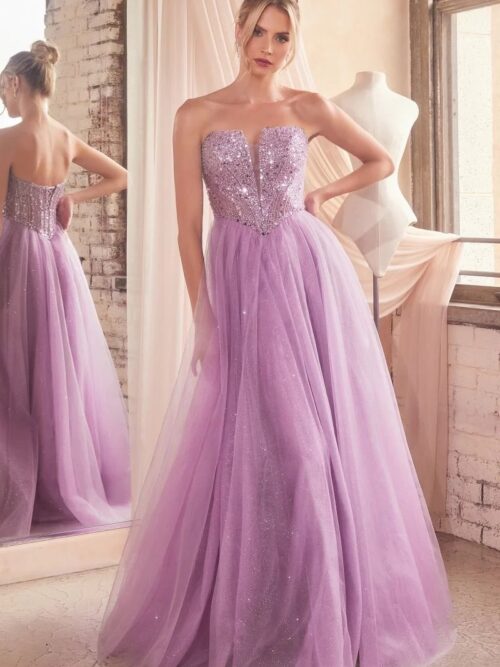 STRAPLESS SEQUIN & TULLE A-LINE DRESS